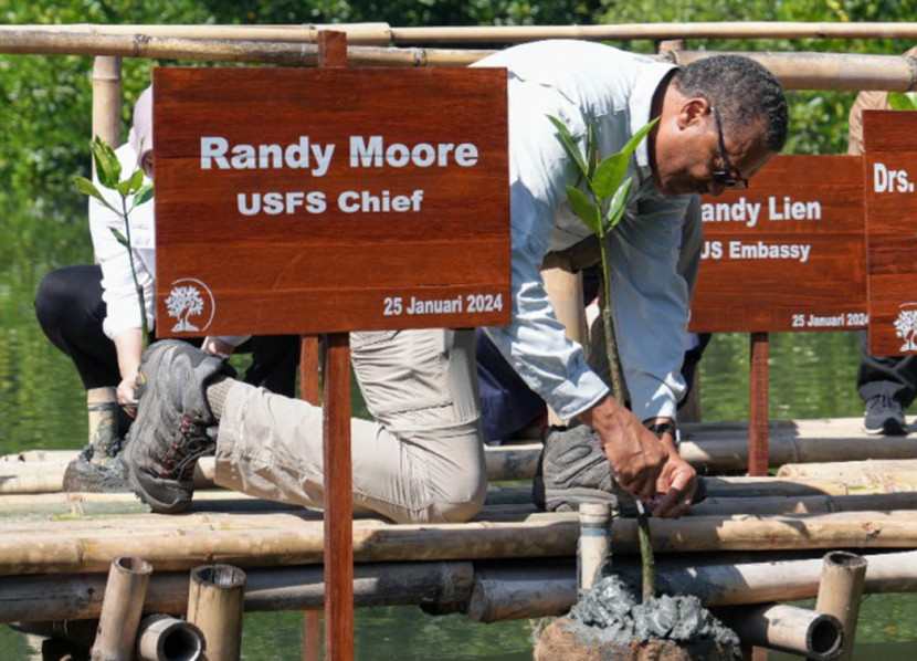 Chief of United States Forest Service Randy Moore menanam mangrove di TWA Angke Kapuk, Jakarta. (FOTO: Humas Kementerian LHK)