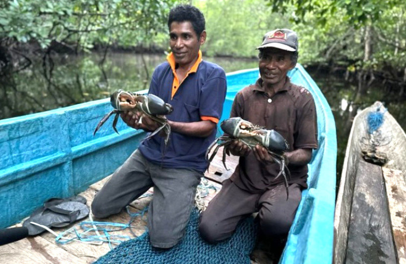 Nelayan di Desa Lorang menunjukkan kepiting bakau hasil tangkapannya/Foto: Ridzki R. Sigit/Mongabay-Indonesia.