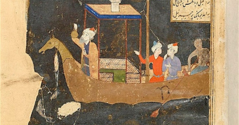 Seorang pelaut menggunakan astrolabe untuk navigasi, dalam manuskrip Arab oleh Iqbâl-nâma Nizâmî, Kâbul atau Kandahar, Abad ke-16.