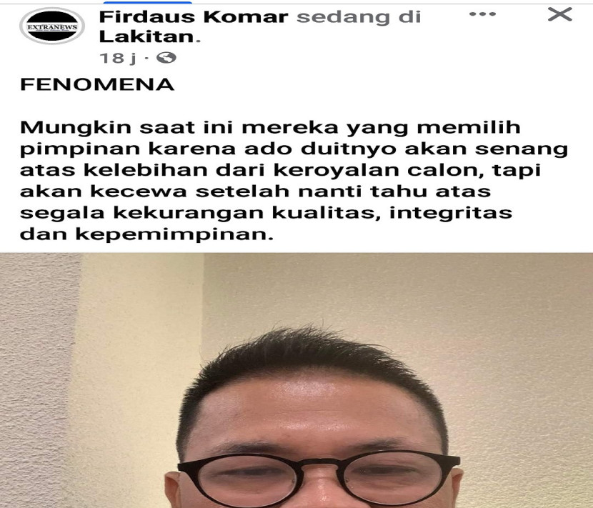 Unggahan Firdaus Komar (Firko) wartawan senior Sumsel di media sosial. (FOTO: FB)