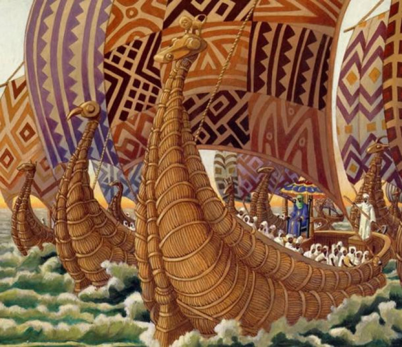 Ilustrasi armada Raja Mali Abu Bakar II saat menjalani ekspedisi melintasi Samudera Atlantik. (Leo and Diane Dillon)