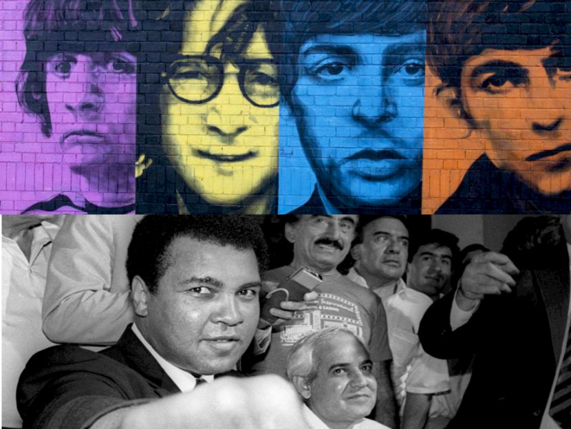 Mural The Beatles (atas) dan petinju Muhamamd Ali (bawah). Ada kisah pahit di balik pertemuan The Beatles dengan Muhammad Ali. Dikabarkan The Beatles tidak menyukai Ali karena ucapannya. (Dok. Reuters/Jorge Nunez File Photo/EPA)