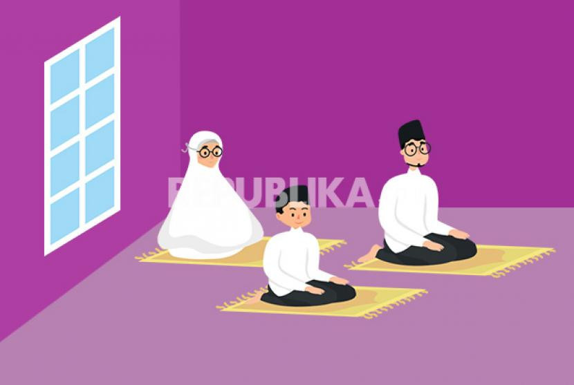 Ilustrasi sebuah keluarga melaksanakan shalat dhua berjamaah. Sumber:Republika
