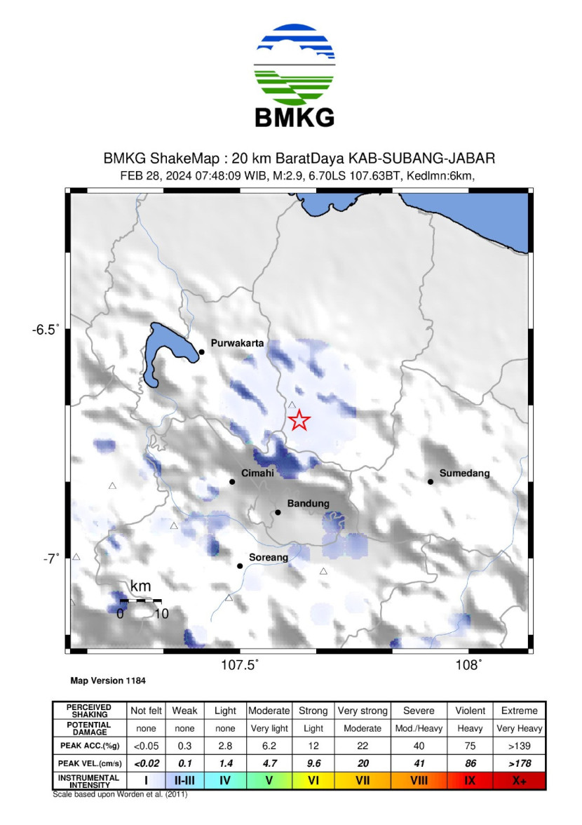 Peta gempa bumi magnitudo 2,9 di Subang, Rabu (28/2/2024). Dok Republika