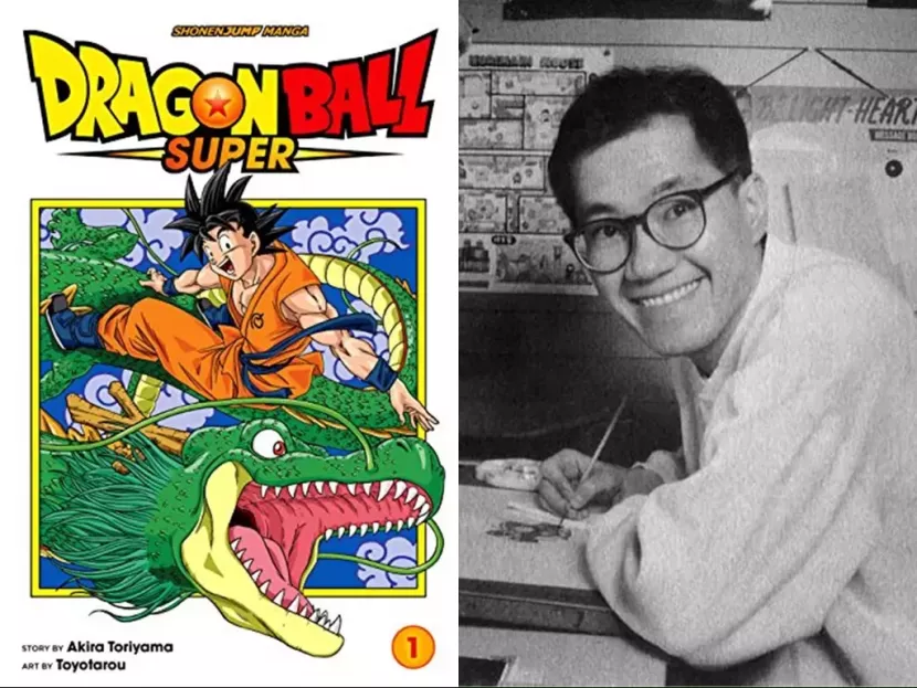 Akira Toriyama (kiri) dan Manga Dragon Ball Super Edisi 1 (kanan).