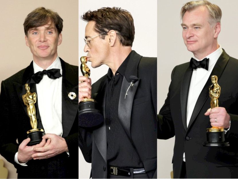 Dari kiri ke kanan: Cillian Murhy, Robert Downey Jr, dan Christopher Nolan. Ketiganya meraih Piala Oscar pertamanya di Academy Awards 2024 lewat film Oppenheimer. (DOK. EPA-EFE/ALLISON DINNER)