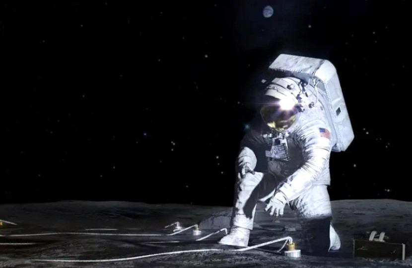 Ilustrasi tentang astronot Artemis yang menyebarkan instrumen di permukaan bulan/NASA