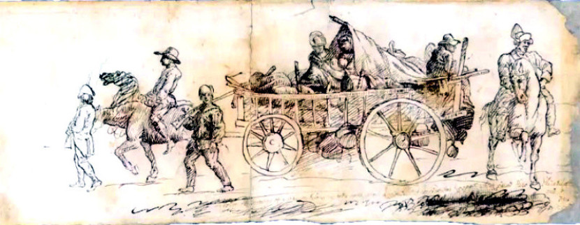 Dikaitkan dengan seniman Pierre Eugène du Simitiére, gambar tersebut menggambarkan Brigade Carolina Utara Angkatan Darat Kontinental berbaris melalui Philadelphia pada tanggal 25 Agustus 1777/ Museum of the American Revolution