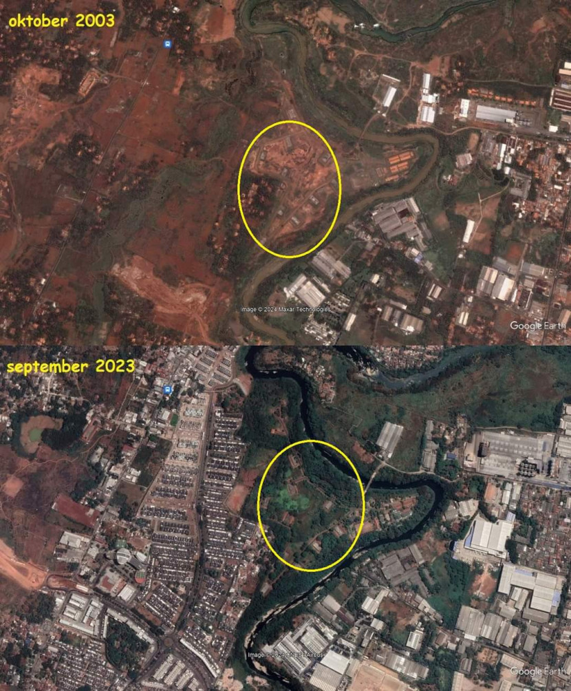 Citra satelit lokasi Gudmurah Kodam Jaya pada 2003 dan 2023. @LembagaKeris