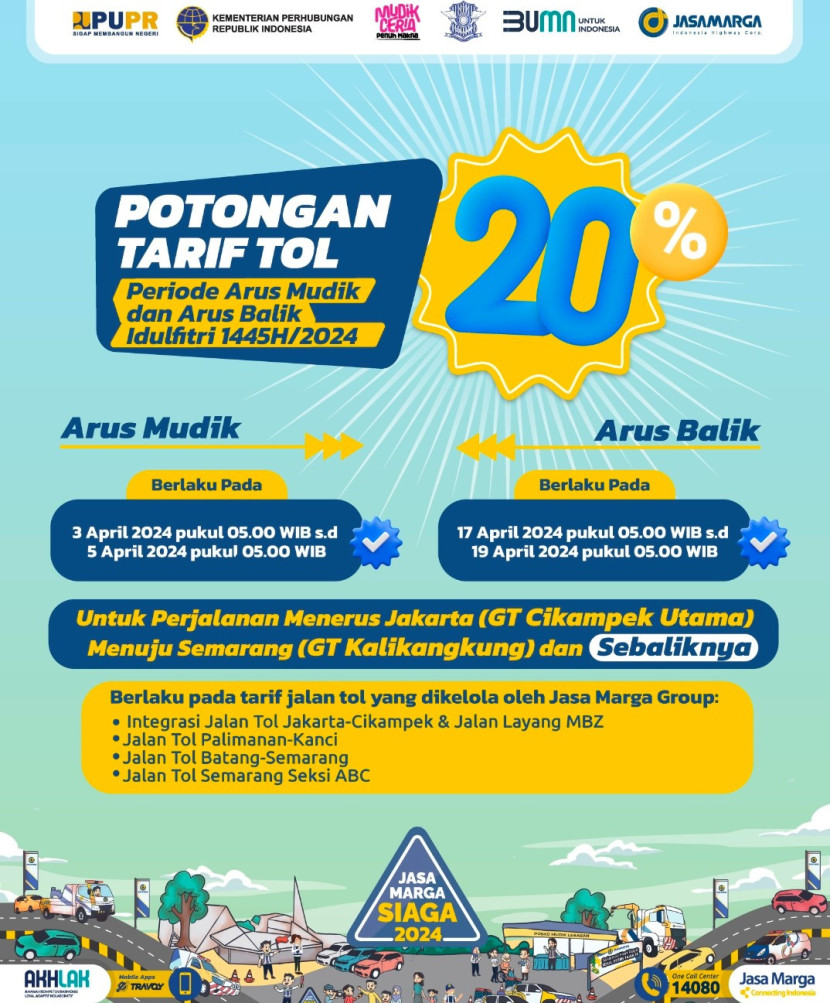 Flyer potongan tarif tol 20% selama mudik Lebaran 2024 di Jalan Tol Trans Jawa. (Foto: Dok Ruzka Indonesia)