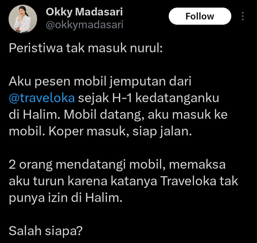 Curhatan Okky Madasari terkait pelayanan tidak mengenakkan di Bandara Halim Perdanakusuma. Sumber: Seputar Militer