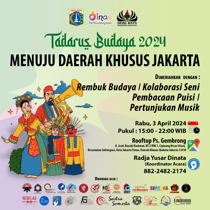Acara Tadarus Budaya akan berlangsung di Rooftop Pasar Gembrong, Jakarta Timur, Rabu (3/4/2024) sore, sebagai cara merawat silaturahmi antarkomunitas seni se-Jabodetabek. 