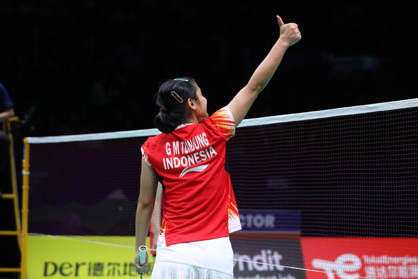 Gregoria Mariska Tunjung. Tim Uber Indonesia mengalahkan Korea untuk melaju ke partai final Piala Uber 2024. (Sumber foto: PBSI)