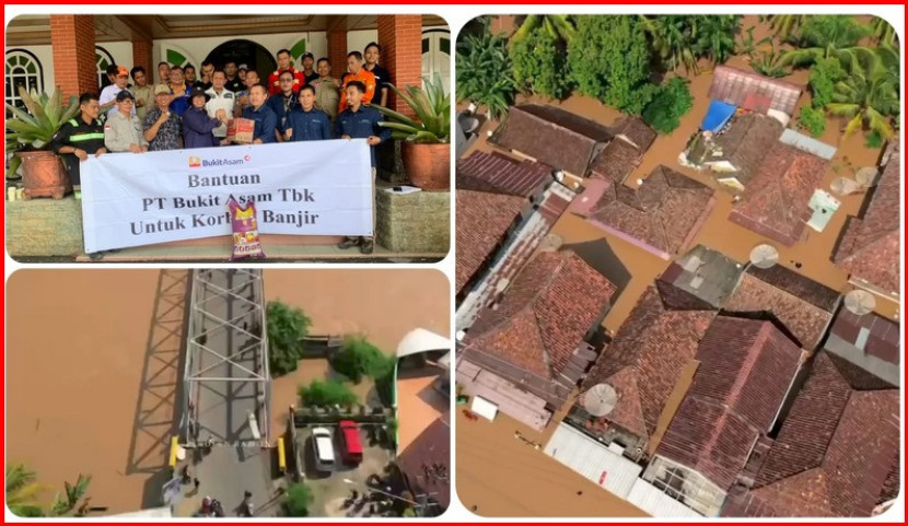 Bantuan banjir PTBA Tbk dan kondisi saat banjir melanda Kabupaten OKU. (FOTO: Kolase Humas PTBA)