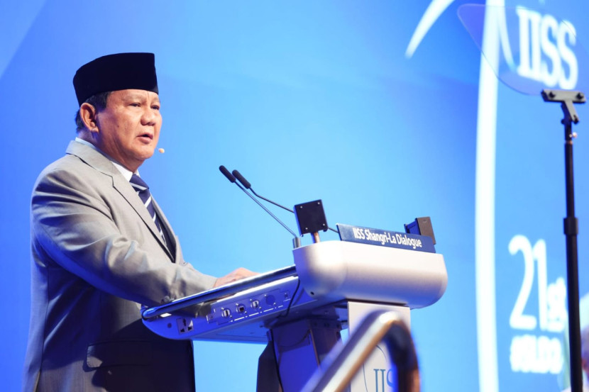 Menhan Prabowo Subianto saat berpidato di IISS Shangri-La Dialogue 2024, Singapura, Sabtu (1/6/2024).