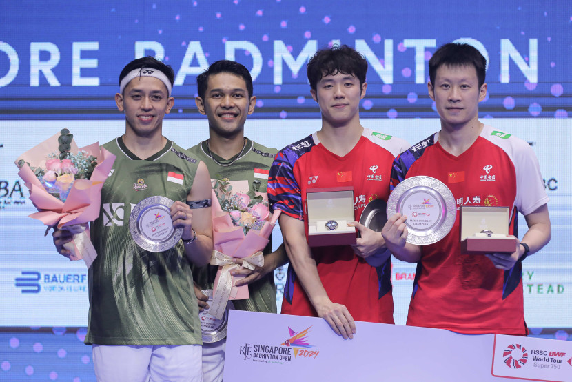 Pasangan ganda putra Indonesia Fajar Alfian/Muhammad Rian Ardianto menjadi runner up Singapore Open 2024. (Sumber foto: PBSI)