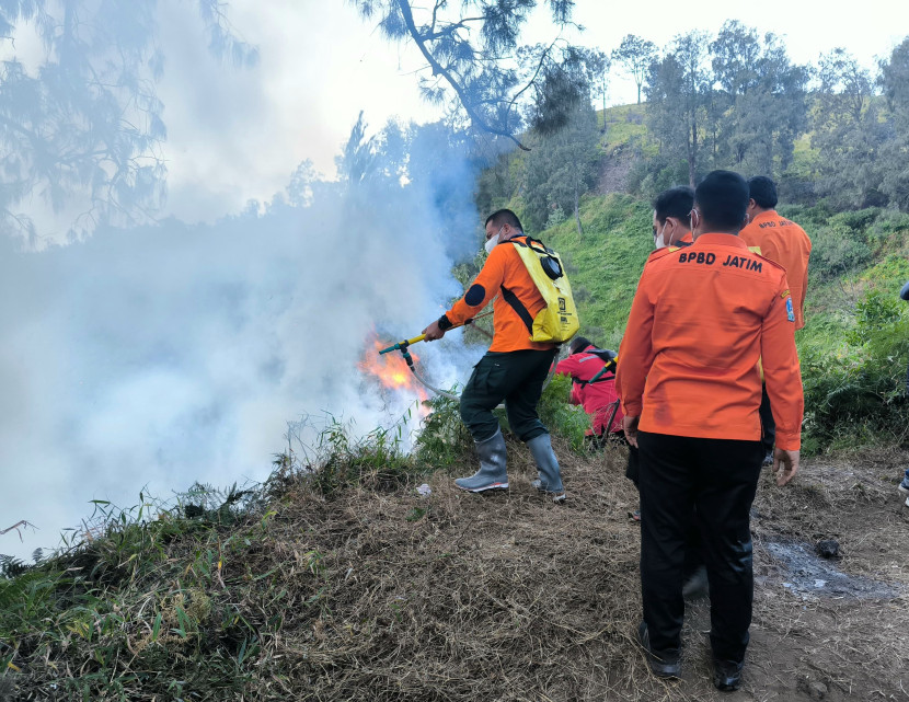 Tim BPBD Jatim berupaya memadamkan api di penanjakan Gunung Bromo. 