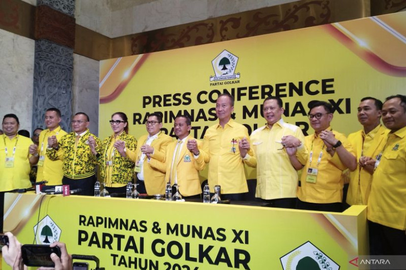 Konferensi pers Munas XI Partai Golkar usai persetujuan Bahlil Lahadalia sebagai ketua umum di Jakarta Convention Center, Jakarta, Rabu (21/8/2024). (Foto: Antara)