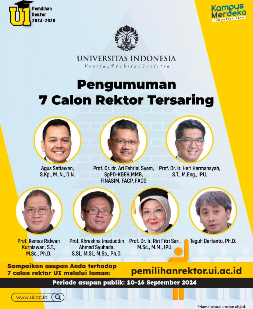 Ini 7 calon terpilih yang lolos tahap penyaringan untuk menjadi Rektor UI Periode 2024–2029. (Foto: Dok Ruzka Indonesia)