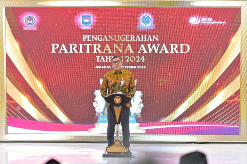 Direktur Utama BPJS Ketenagakerjaan Anggoro Eko Cahyo dalam penyelenggaraan Paritrana Award Tahun 2024 di Jakarta, Kamis (12/9/2024).