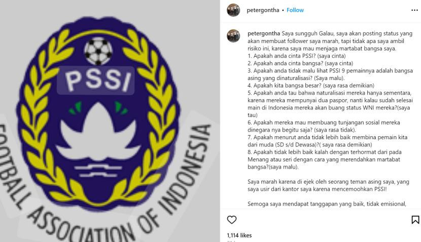 Unggahan Peter Gontha di media sosial tentang pemain naturalisasi timnas Indonesia. (FOTO: Tangkapan Layar IG Peter Gontha)