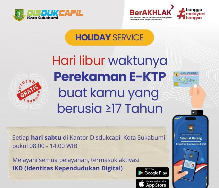 Informasi mengenai layanan holiday service di akub medsos Disdukcapil Kota Sukabumi.