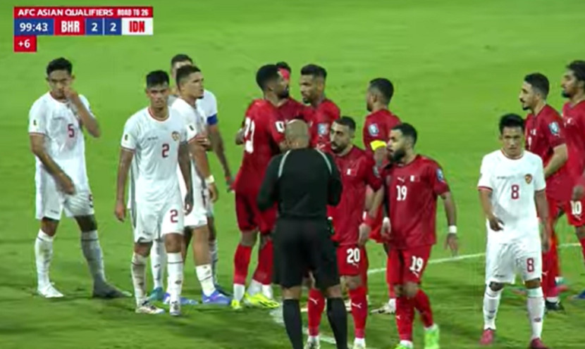 Laga Bharain Vs Indonesia. Gol menyama kedudukan 2-2 diciptakan pemain Bahrain pada menit ke-90+9. Foto: Youtube