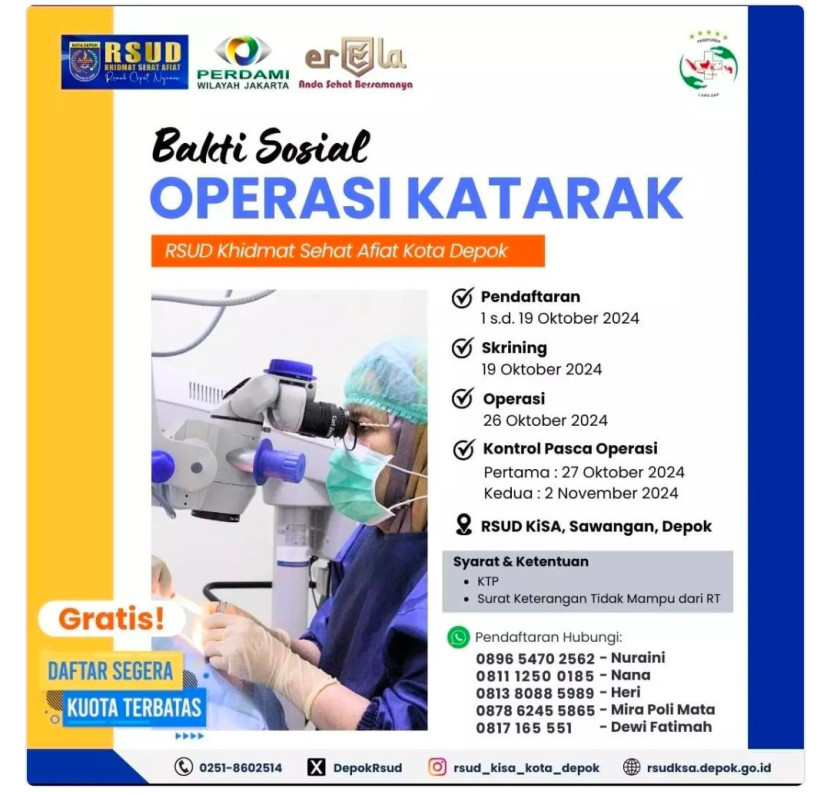 Flyer RSUD KoSA Kota Depok gelar operasi Katarak gratis. (Foto: Dok Ruzka Indonesia)