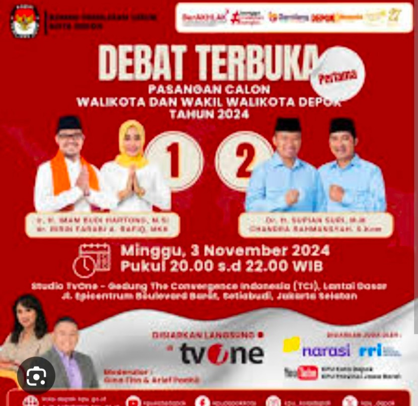 Flayer Debat Terbuka Pilkada Kota Depok disiarkan langsung di tvOne pada Ahad 3 November 2024, pukul 20.00-23.00 WIB. (Foto: Dok Ruzka Indonesia)