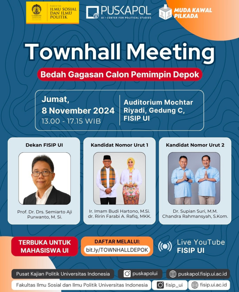 Town Hall Meeting yang menghadirkan pasangan calon (paslon) Wali Kota-Wakil Wali Kota Depok, Imam Budi Hartono-Ririn Farabi dan Supian Suri-Chandra Rahmansyah, pada Jumat 08 November 2024. (Foto: Dok Ruzka)