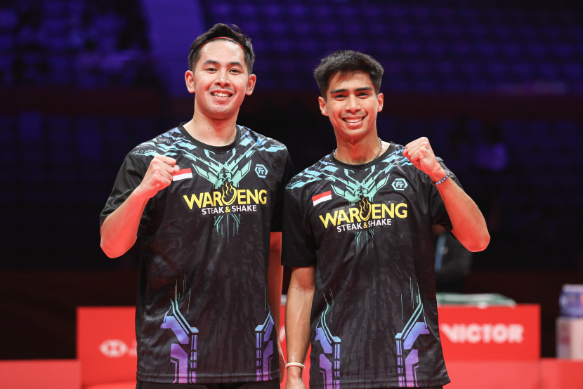 Sabar Karyaman Gutama/Moh Reza Pahlevi Isfahani. Dua pasangan ganda putra Indonesia melangkah ke semifinal BWF WTF 2024. (PBSI)