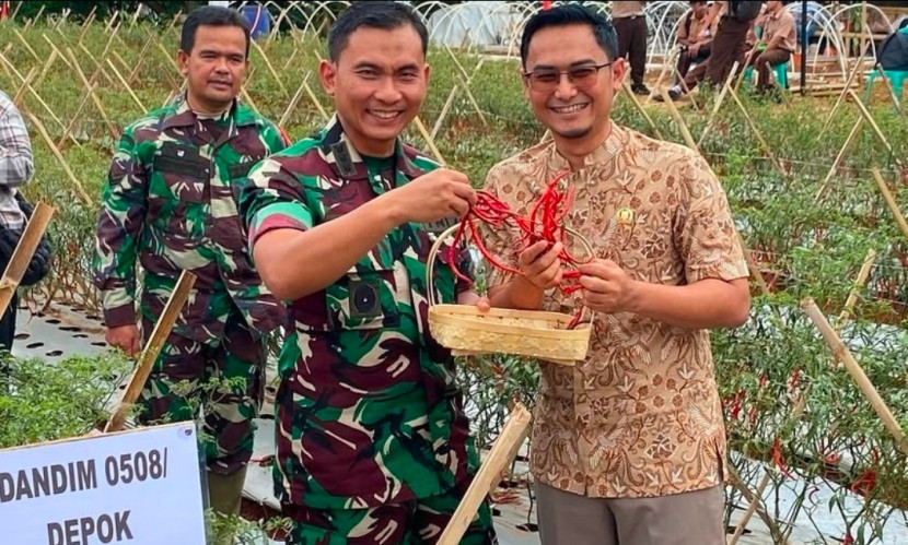 Komandan Kodim Depok, Kolonel Iman Widhiarto (kiri) bersama Ketua DPRD Kota Depok, Ade Supriatna (kanan) saat panen cabai di lahan urban farming yang digarap TNI. (Foto: Dok RUZKA INDONESIA)