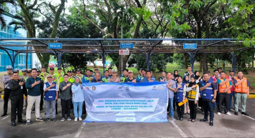 Apel kesiapsiagaan pelayanan Tol Cijago saat libur dan mudik Nataru di operator Tol Cijago, PT TLKJ di Cimanggis, Kota Depok, Senin (16/12/2024). (Foto: Dok PT TLKJ)