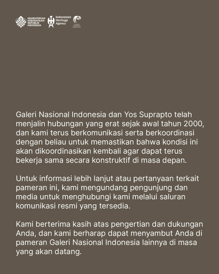 Penjelasan Galeri Nasional INdonesia (GNI) tentang penundaan Pameran Lukisan Yos Suprapto. (FOTO: IG @galerinasional)