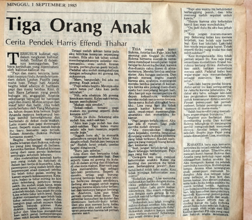 Kliping Cerpen Harris Effendi Thahar yang terbit tahun 1985. (FOTO: Maspril Aries)