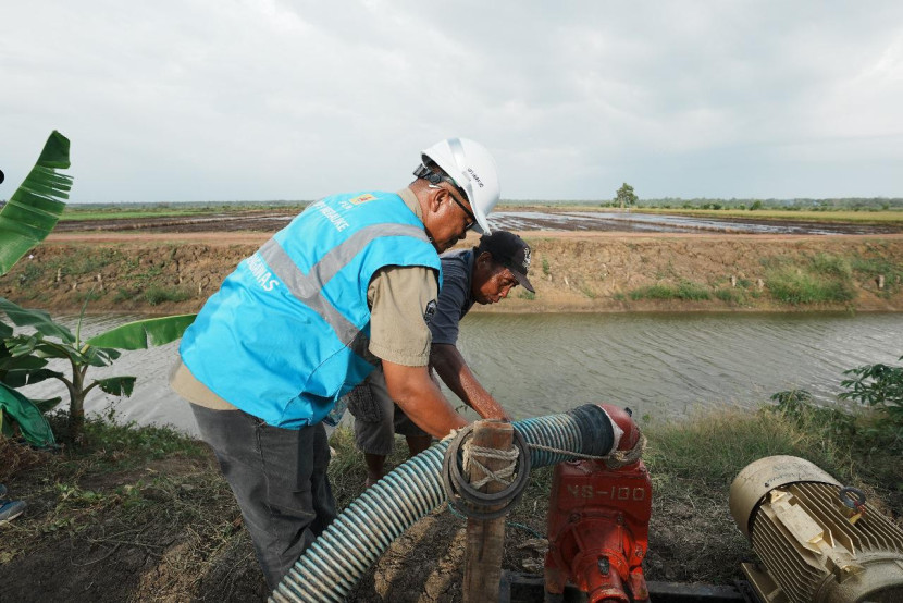 Staf PLN bersama salah satu petani menyalakan pompa air listrik untuk mengairi sawah di area percontohan Food Estate di Kampung Telaga Sari, Merauke. (Foto: PLN) 