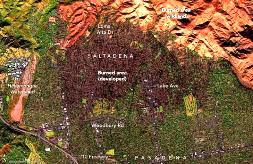 Peta kebakaran yang menunjukkan kedekatannya dengan JPL dan pusat kota Pasadena/NASA.