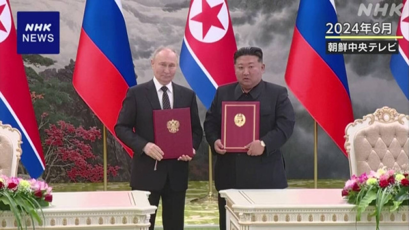 Presiden Rusia Vladimir Putin bersama Pemimpin Tertinggi Korea Utara Kim Jong-un. Sumber: NHK