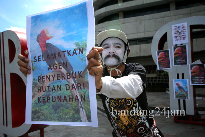 Seniman Pantomim Wanggi Hoed melakukan aksi teaterikal dalam rangka memperingati Hari Burung Rangkong di Taman Braga, Kota Bandung, Kamis (13/2/2025). Foto: Edi Yusuf