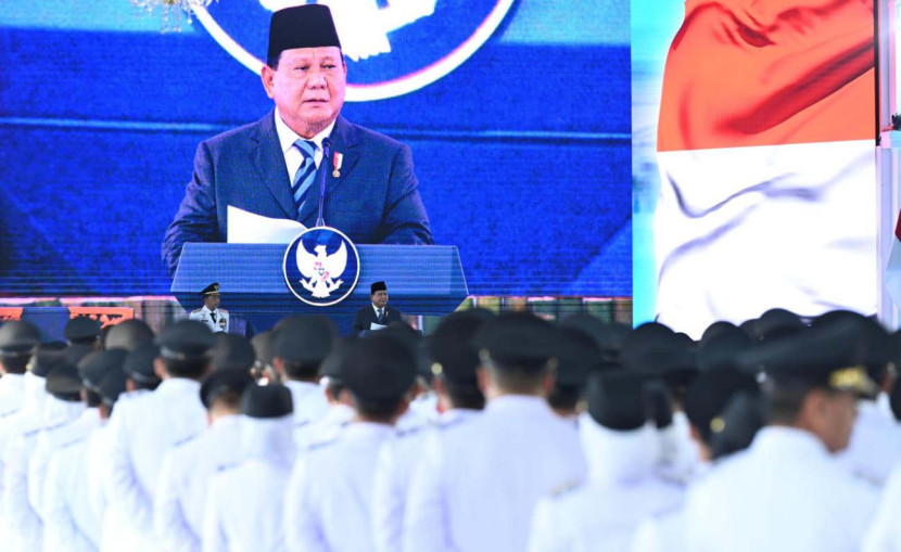 Presiden Prabowo Subianto memberikan sambutan saat melantik 961 kepala daerah dari seluruh Indonesia yang digelar serentak di Istana Kepresidenan Jakarta pada Kamis (20/02/2025). (Foto: BPMI Setpres)