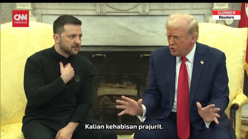 Tangkapan layar Presiden AS Donald Trump dan Presiden Ukraina Volodymyr Zelenskyy berdebat di Ruang Oval, Washington DC, Amerika Serikat, Jumat (28/2/2025). (Foto: CNN Indonesia) 