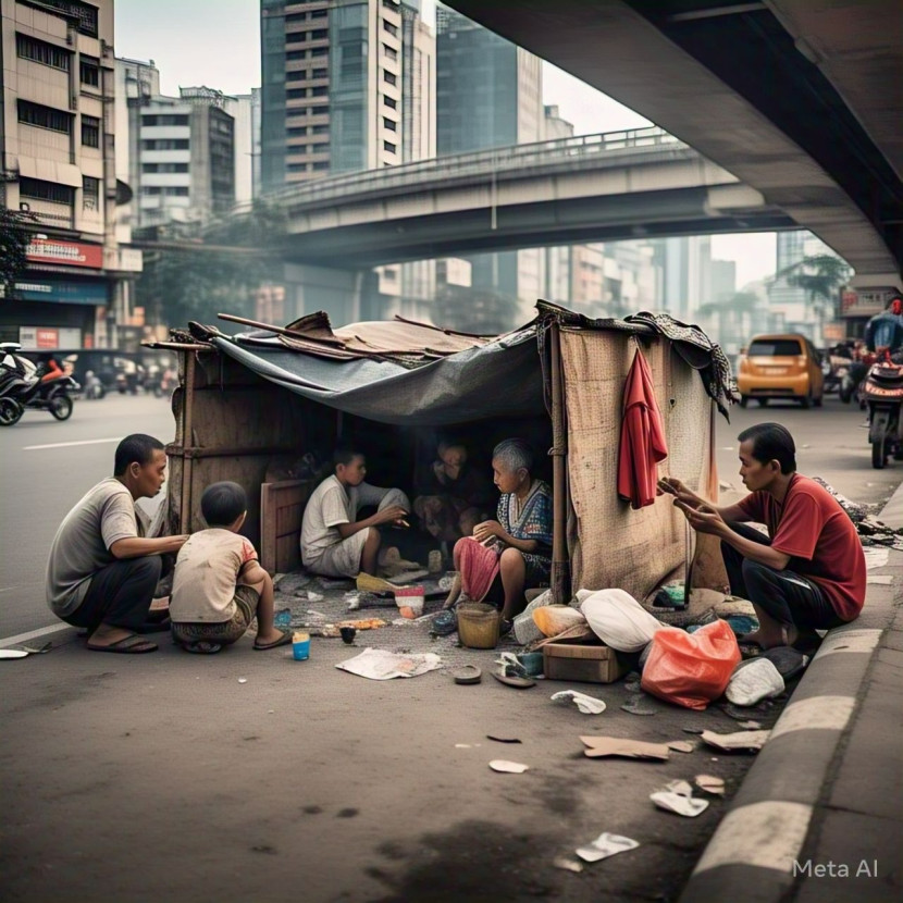 Ilustrasi kemiskinan di kota. (FOTO: Meta AI)