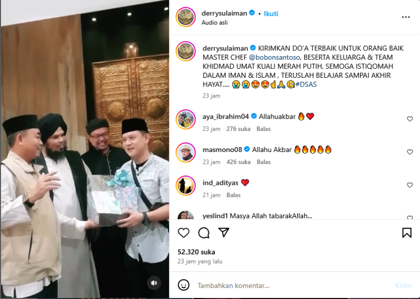 YouTuber sekaligus Chef Bobon Santoso memeluk agama Islam. Foto: Tangkapan layar.