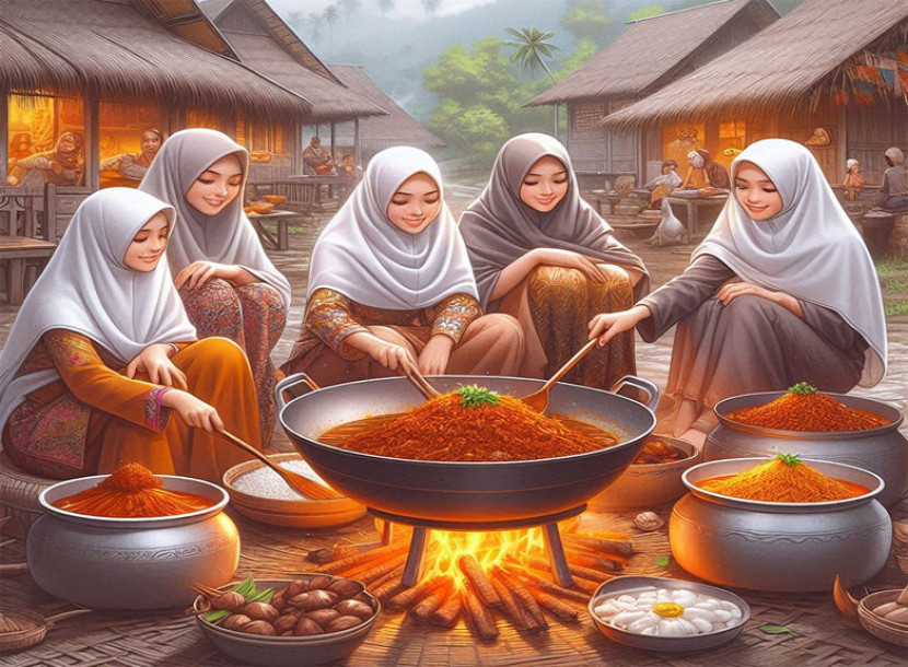Illustrasi memasang rendang bersama. (FOTO: AI Copilot)