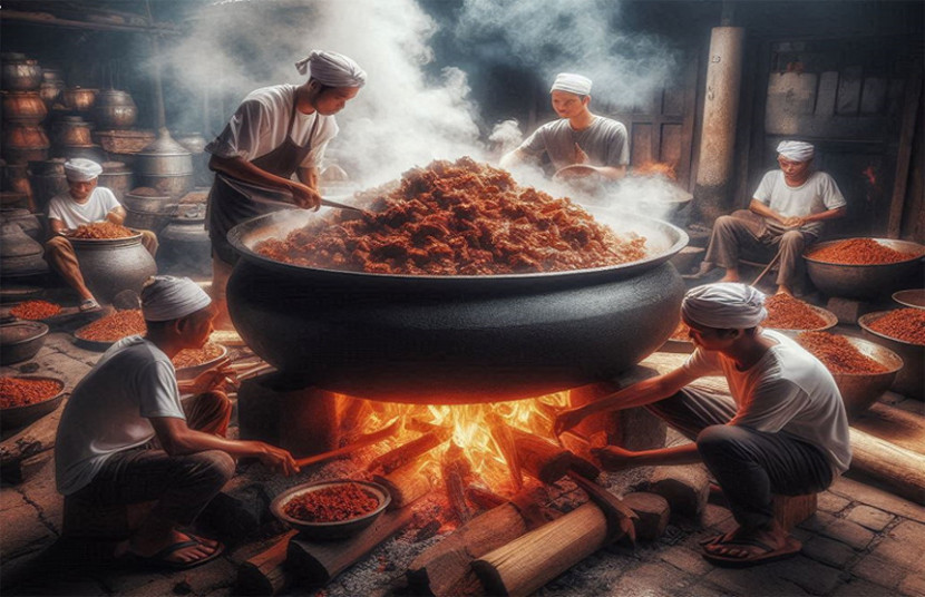 Illustrasi masak rendang dengan daging sapi. (FOTO: AI Copilot)