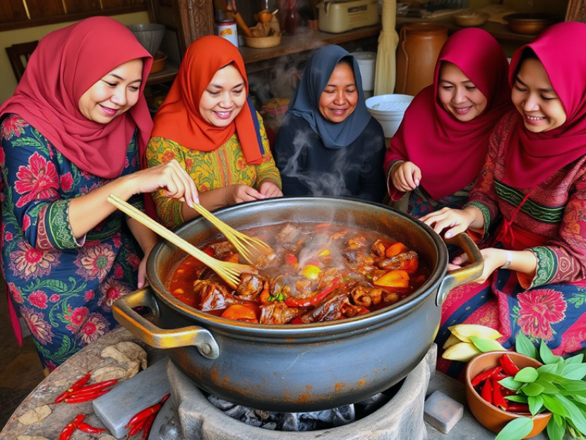Ilustrasi ibu-ibu memasak daging rendang bersama-sama. (FOTO: AI Assistant)