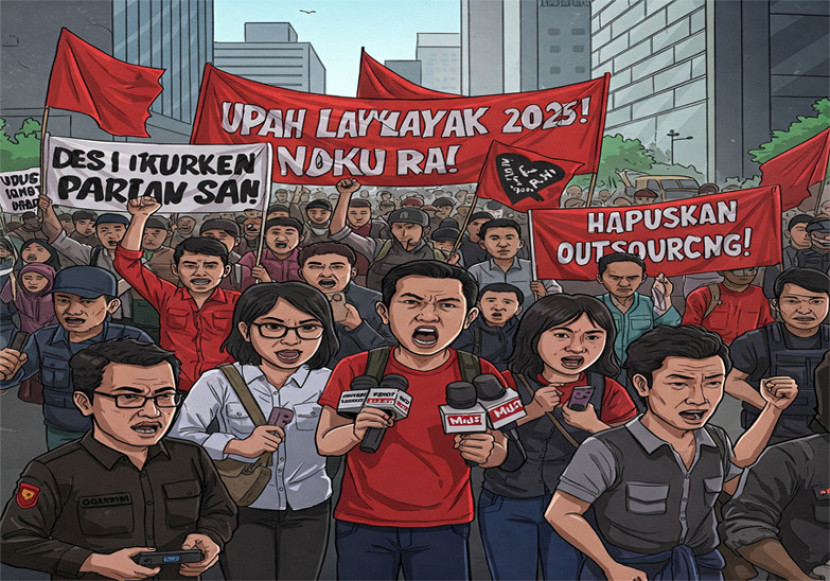 Ilustrasi aksi wartawan/ jurnalis pada peringatan Hari Buruh Sedunia, 1 Mei 2025. (FOTO: AI Gemini)