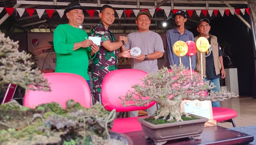 Dandim Depok, Kolonel Iman Widhiarto didampingi Ketua Pembina K3D, Pakde Bowo memberikan hadiah pemenang Festival dan Kontes Bonsai se-Jabodetabek di Taman Bonsai K3D, Jalan Margonda Raya, Kota Depok, Ahad (04/05/2025).