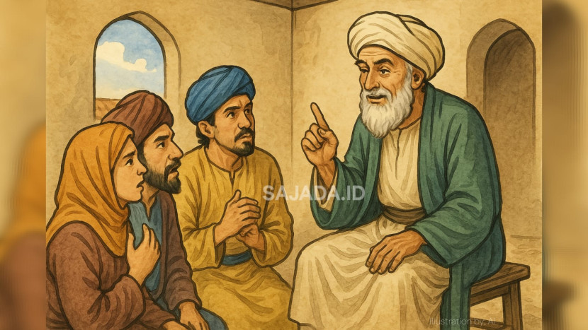 Ilustrasi Abu Nawas ketika ditanya tiga orang dengan pertanyaan yang sama.