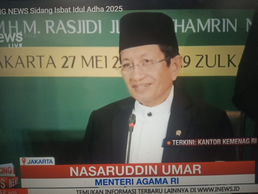 (Hasil tangkapan layar) Menteri Agama Prof Dr Nasaruddin Umar sedang menyampaikan penetapan awal Dzulhijjah sekaligus Idul Adha 1446 H.